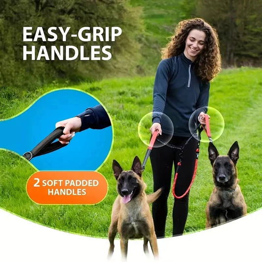 Coupleur de Laisse Double pour Chiens – Poignées Rembourrées Confort, Laisse Élastique Anti-Traction et Anti-Enchevêtrement – Pivot 360°, Bandes Réfléchissantes, Absorption des Chocs