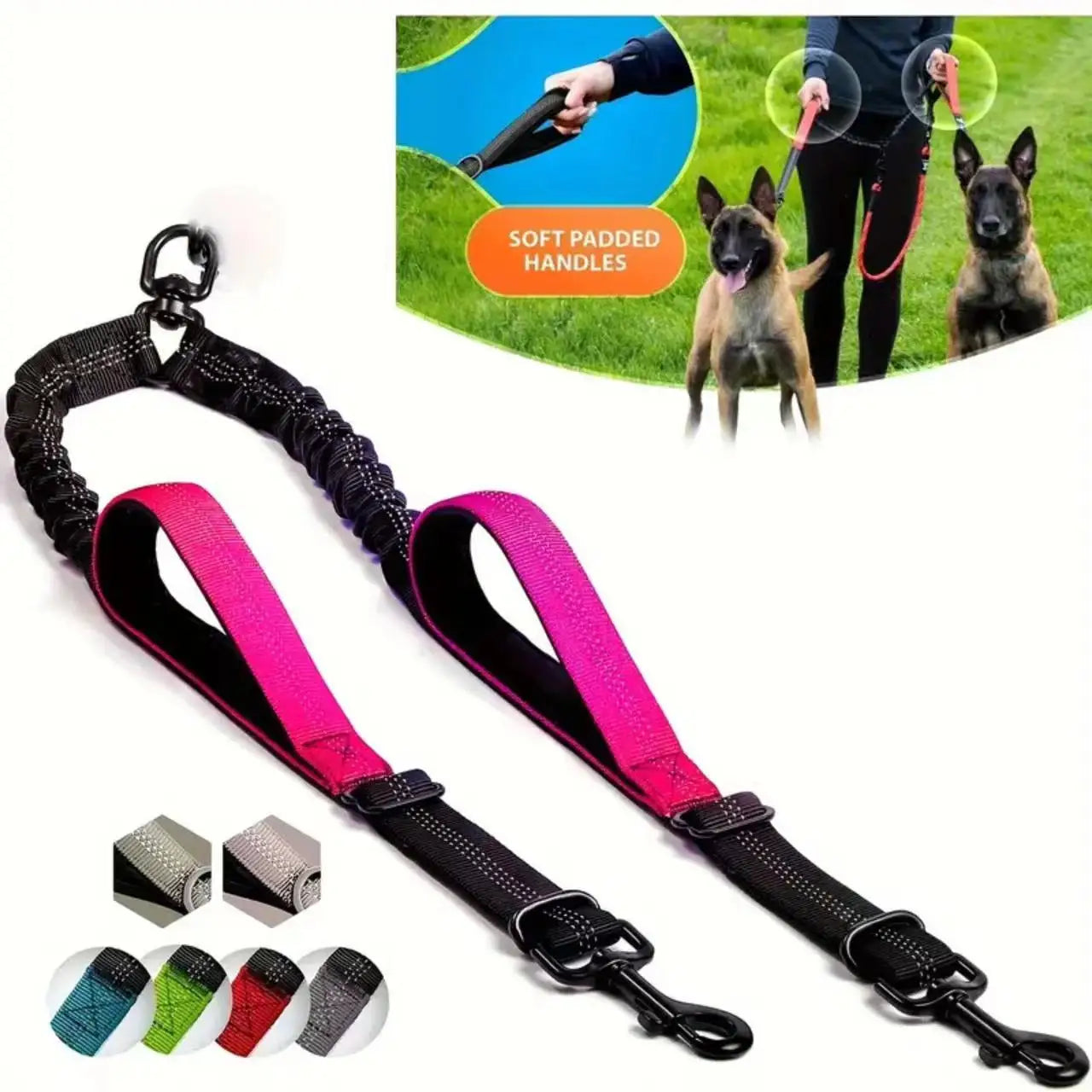 Coupleur de Laisse Double pour Chiens – Poignées Rembourrées Confort, Laisse Élastique Anti-Traction et Anti-Enchevêtrement – Pivot 360°, Bandes Réfléchissantes, Absorption des Chocs