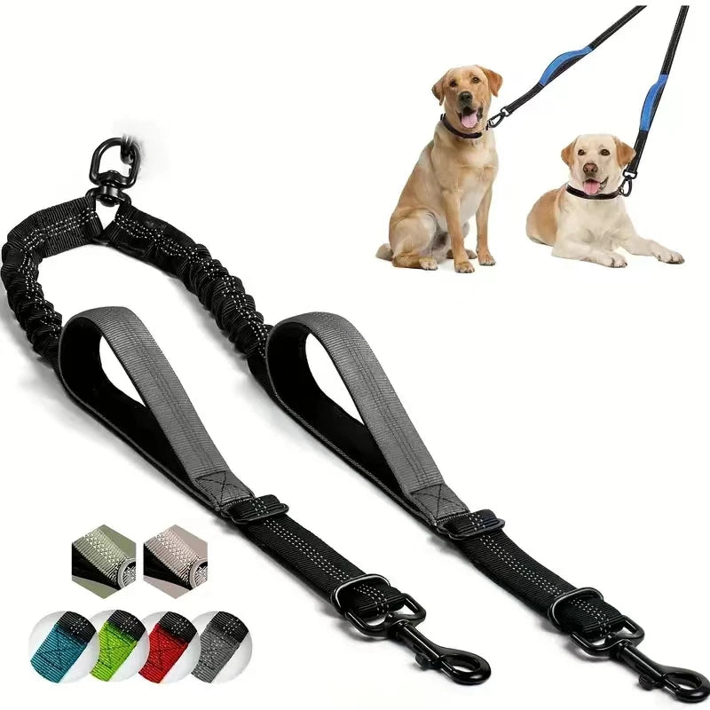 Coupleur de Laisse Double pour Chiens – Poignées Rembourrées Confort, Laisse Élastique Anti-Traction et Anti-Enchevêtrement – Pivot 360°, Bandes Réfléchissantes, Absorption des Chocs