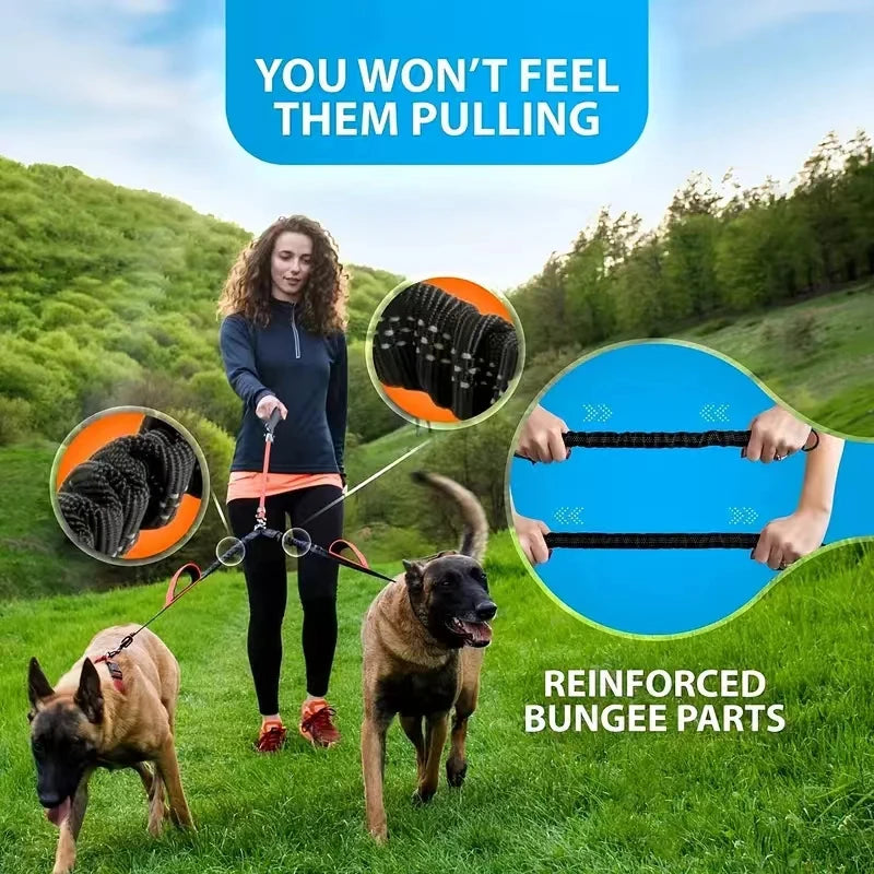 Coupleur de Laisse Double pour Chiens – Poignées Rembourrées Confort, Laisse Élastique Anti-Traction et Anti-Enchevêtrement – Pivot 360°, Bandes Réfléchissantes, Absorption des Chocs